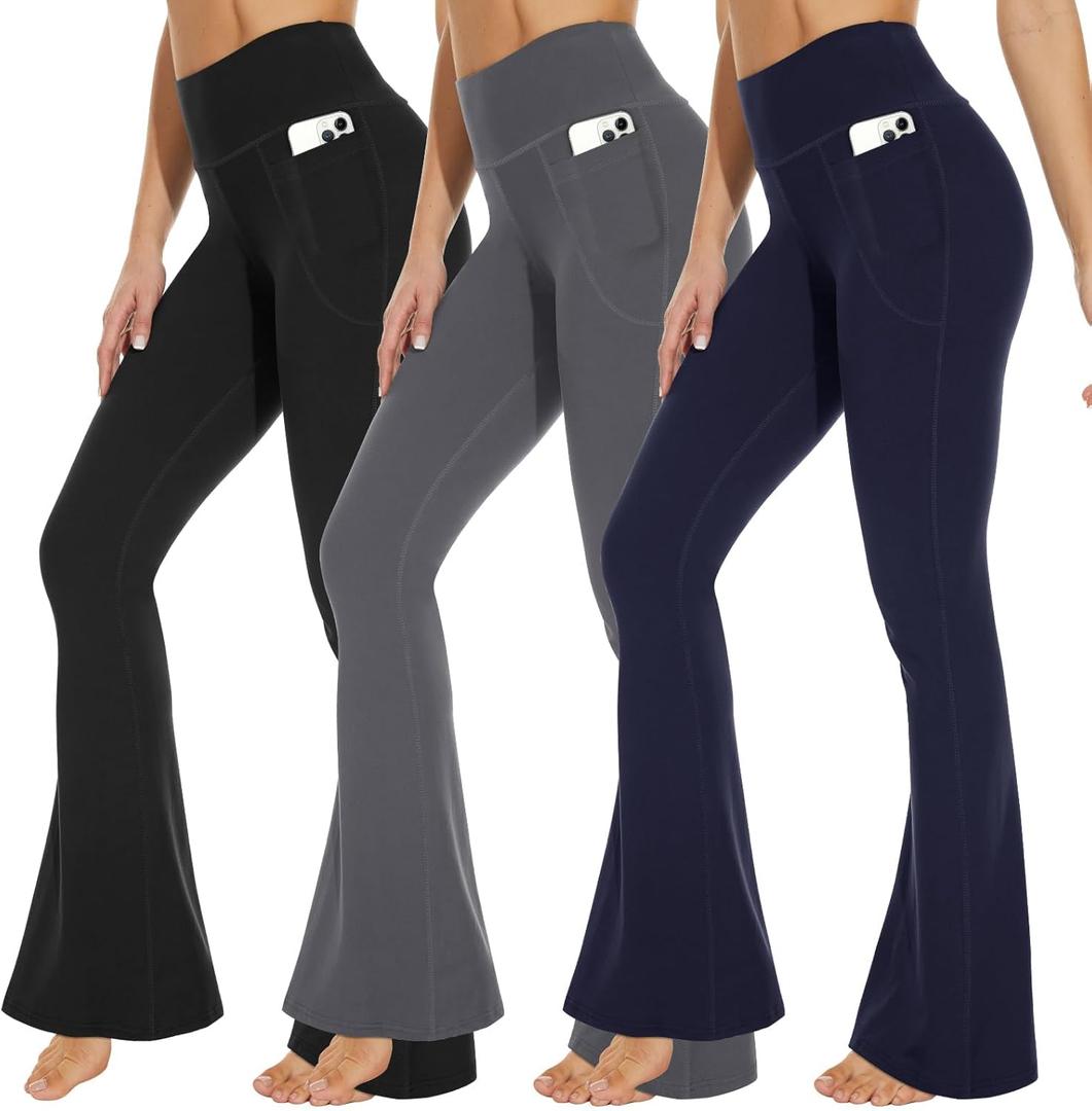 3 Packs Leggings with Pockets for Women, Soft High Waisted Tummy Control Workout Yoga Pants (Large-X-Large, 3 Pack Black,navy Blue,dark Grey)