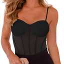 REORIA Women's Summer Sexy Mesh Sheer Spaghetti Strap Backless Going Out Slimming Bustier Corset Leotards Tummy Control Bodysuit Tank Top with Built in Bra (Black Small)