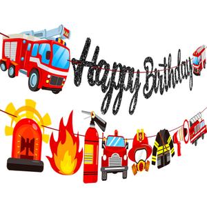Fire Truck Birthday Banner Firefighter Baby Shower Fireman Happy Birthday Themed Party Sign Supplies Fire Engine Rescue Bday Glitter Bunting Garland Decorations