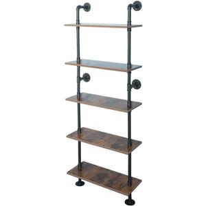 5 Shelf Industrial Pipe Shelving, Black Modern Bookcase Bookshelf, Wall Mount Ladder Shelf with Metal Frame Display Selves