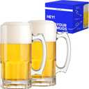 Glass Beer Mugs with Handle – 34 fl. oz. / 1L – Large & Heavy Beer Stein for Root Beer – Best Gift for Men Father Boyfriend Brother Dad – Set of 2
