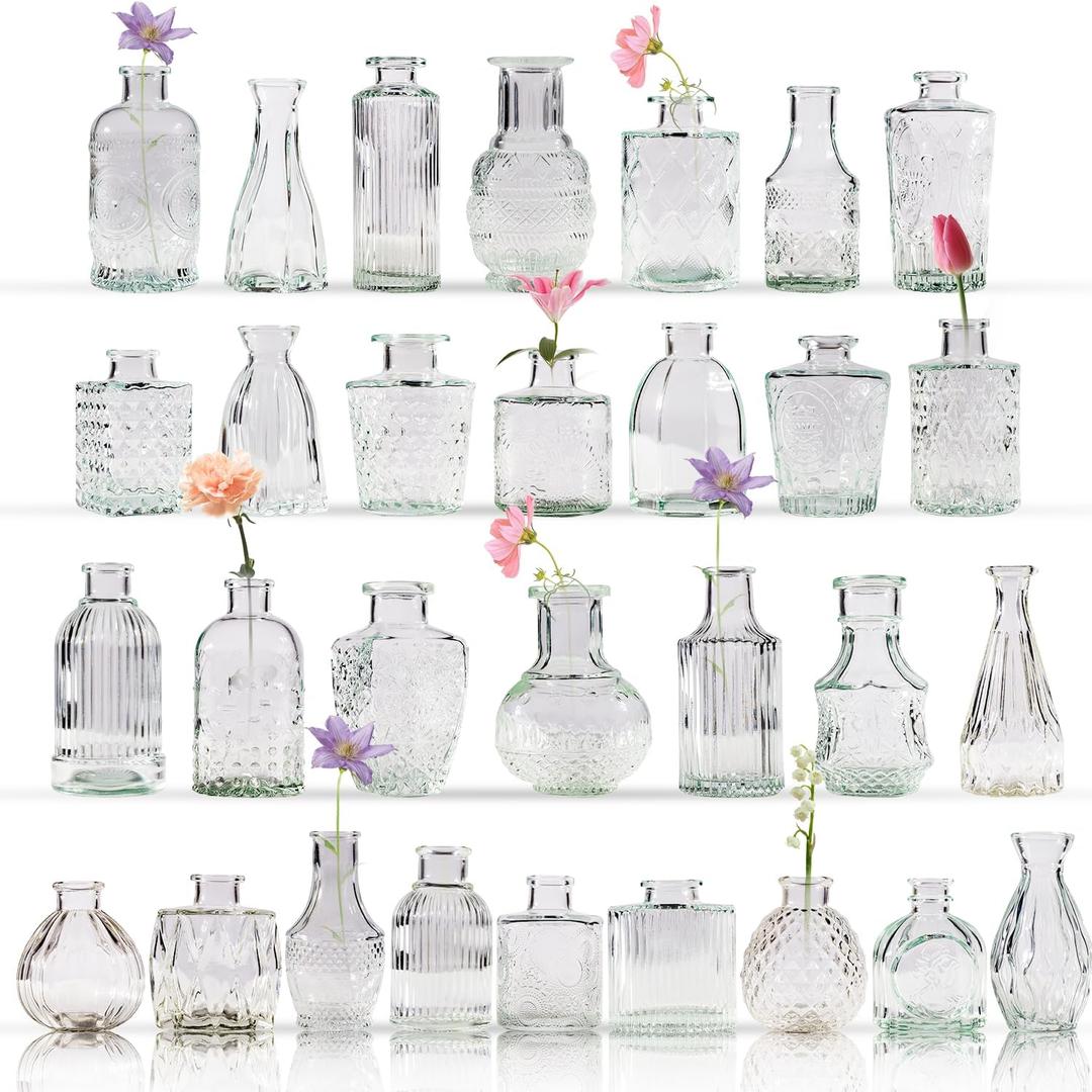 30 Pcs Bud Vase Set, Vases for Centerpieces, Cute Glass Bud Vases in Bulk, Small Vases for Flowers, Mini Vase Set for Wedding Decorations, Home Table Flower Dcor (Clear)
