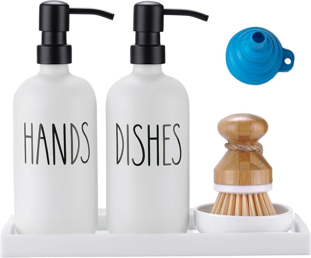 Glass Soap Dispenser for Kitchen, Farmhouse Dish Hand Soap Dispenser Set, Rustproof Pump Dispenser Set with Tray and Dish Brush, Kitchen DecorWhite