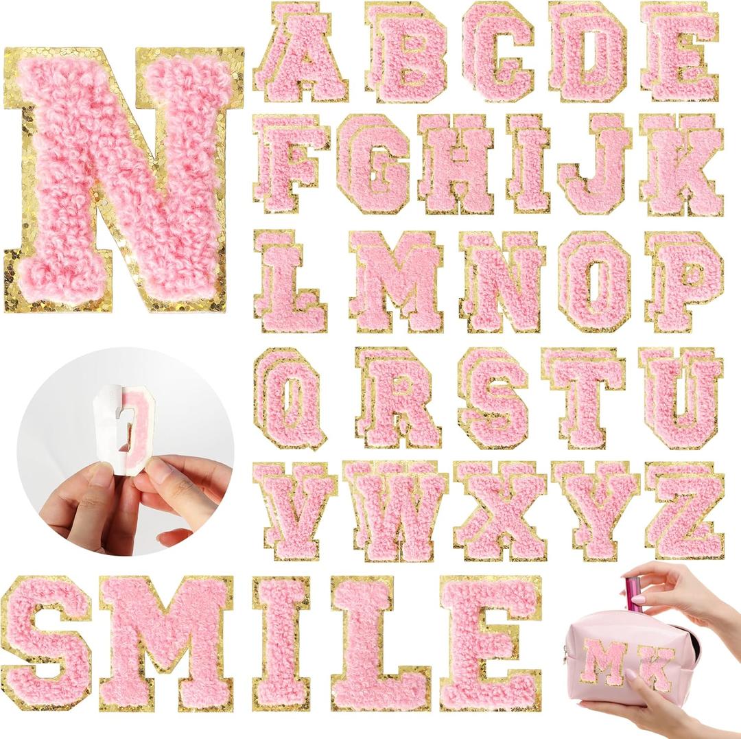 Chenille Letters Patches Self-Adhesive for Clothing: NICEVINYL 52pcs Pink Preppy Varsity Self Adhesive Initial Letter Patches Stickers for Trucker Hats,Makeup Bags,Backpacks