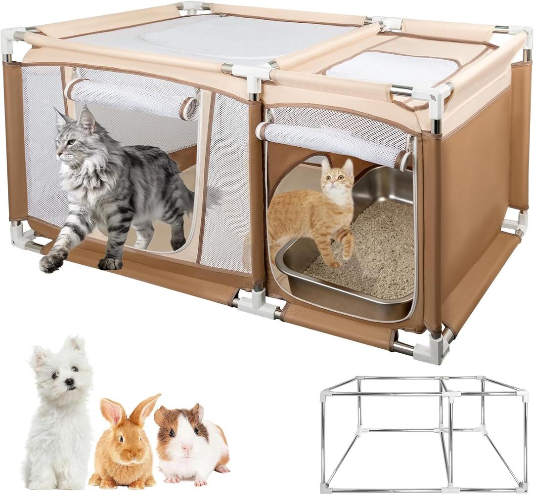 47.2"x30.1"x23.6" Sturdy Stainless Steel Frame Cat Playpen, 2-in-1 Large Cat Tent with Play & Litter Areas for Indoor Cats, Breathable Mesh Kitten Playpen with Removable Bottom Pad for Easy Cleaning, Khaki