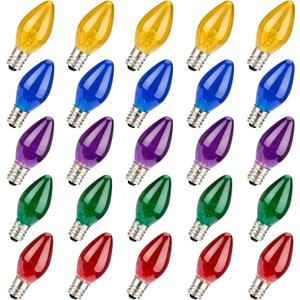 haraqi 25 Pack 5W 120 Volt E12 Socket C7 Multicolor Christmas Replacement Bulbs, C7 Outdoor Indoor String Light Replacement Bulbs