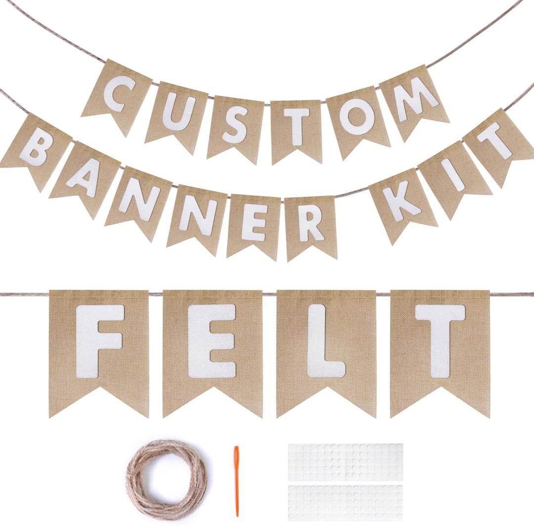 Custom Banner Kit, 28 Burlap Banner with 92 Felt Letters, Make Your Own Diy Customizable Kit for Birthday Wedding Party Decorations (Beige+White)