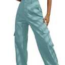 Lepunuo Women's High Waisted Cargo Pants Travel Y2K Streetwear Baggy Stretchy Pants with 6 Pockets Drawstring Ankle Cuffs M, Aqua Sea