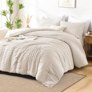 AveLom Beige Seersucker King Comforter Set (104x90 inches), 3 Pieces-100% Soft Washed Microfiber Lightweight Comforter with 2 Pillowcases, All Season Down Alternative Comforter Set for Bedding