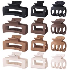 12 Pcs Hair Clips for Women 3 Styles Small Medium Large Claw Clips for Thin Thick Curly Hair, Strong Hold & Non-Slip Clips, Stylish Matte Plastic Hair Accessories Ideal Gifts for Women (Brown)