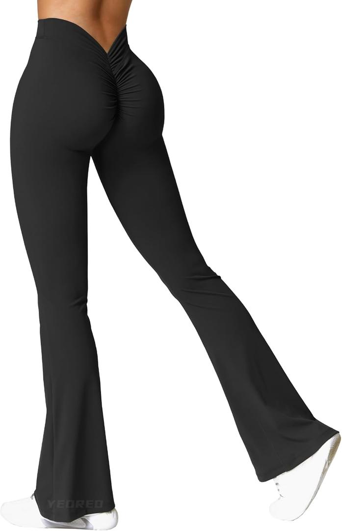 YEOREO Scrunch Flare Leggings V Back Butt Lifting Wide Leg High Waist 31.5" Gym Workout Yoga Pants (Medium, Black)