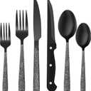 Black Hammered Silverware Set, 24-Piece Stainless Steel Square Flatware Set with Steak Knives for 4, Food-Grade Tableware Cutlery/Utensil Sets for Home Restaurant, Mirror Finish, Dishwasher Safe
