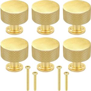 HANFUGA 6 Pack Brushed Brass Cabinet Knobs, 1.1" (28mm) Round Gold Drawer Pulls Modern Handles for Kitchen Cabinet, Bathroom Dressers