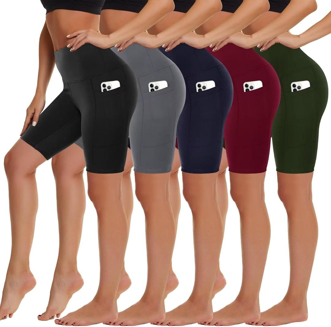 5 Pack Biker Shorts with Pockets for Women - 5"/8" High Waist Spandex Workout Yoga Running Athletic 2XL