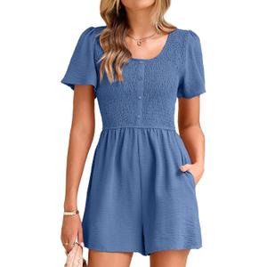Simplee Womens Summer Short Sleeve Romper Casual Loose Decorative Button Smocked Dressy Shorts Jumper Jumpsuit 2025 (Large, Blue)