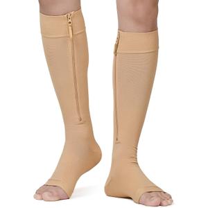 NURCOM Zipper Copper Compression Socks Open Toe Beige 15-20 mmHg Knee High Stockings, Designed for Circulation, Varicose Veins, Swelling, Venous Insufficiency, Post-Operative Recovery, XX-Large