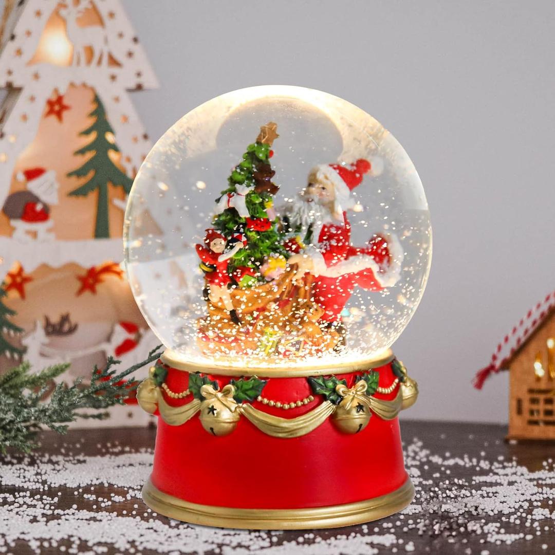 Christmas Snow Globe Musical Santa Claus with Presents Xmas Tree Red Water Snow Globes LED Light Change Music Box Home Christmas Decor for Kids Santa Snow Globes