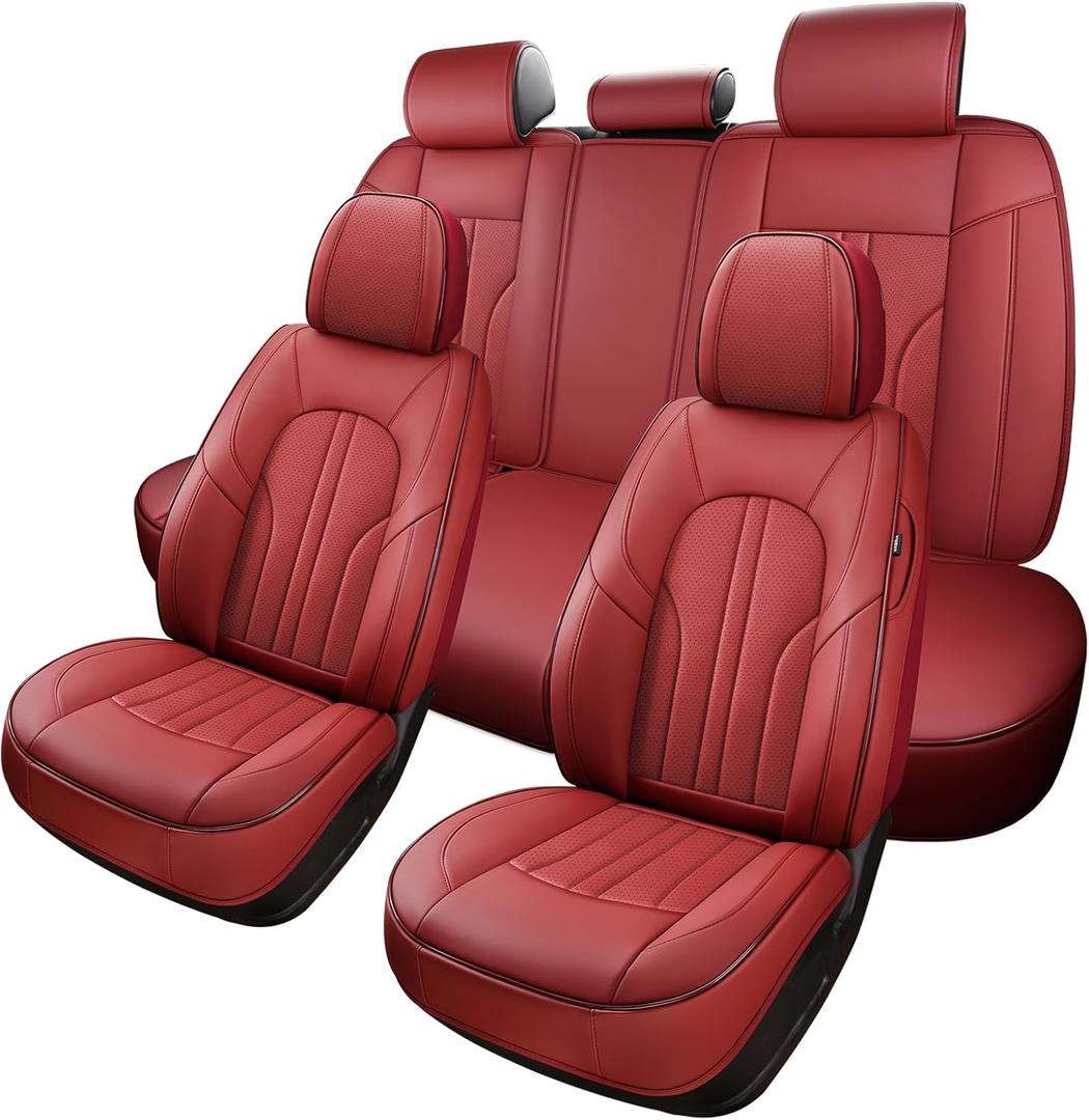 Red Car Seat Covers,Leather Car Seat Cover, Waterproof Seat Covers Full Set, Fit RAV4 Accord Altima Rogue CX5 CRV Wine Red
