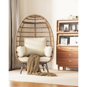 GAOMON Oversized Wicker Egg Chair Outdoor, Patio Lounge Chair with Ultra Luxury Cushions & Steel Frame, 350LBs Capacity Egg Chair Indoor Outdoor for Balcony, Patio, Living Room, White, No Swivel, No Ottoman
