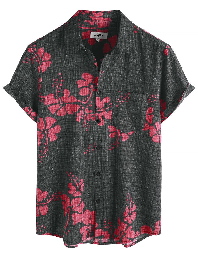 VATPAVE Mens Hawaiian Shirts Button Down Short Sleeve Shirts L BlackRed (L)