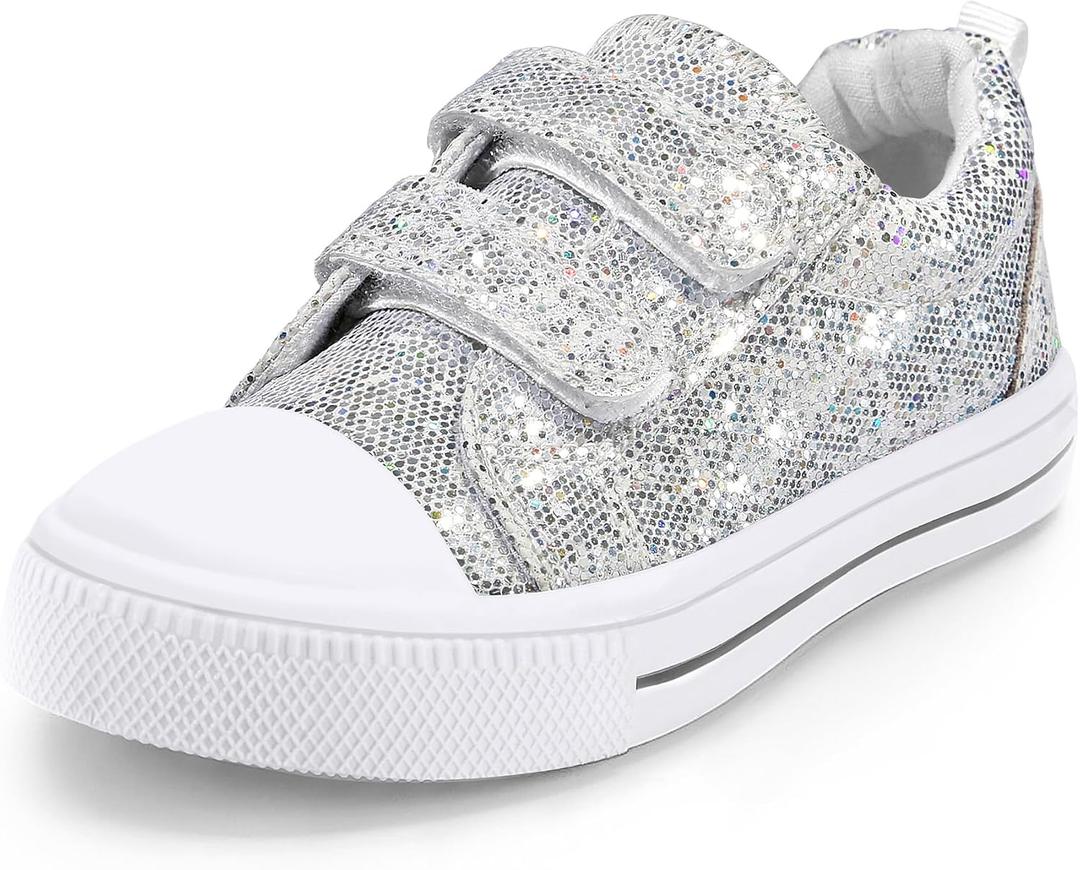 K KomForme Toddler Sneakers for Boys and Girls Dual Hook and Loops Sneakers Baby Canvas Shoes (10 Toddler, Sliver Glitter)