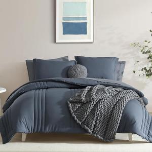 Monbix Queen Comforter Set - 7 Pieces Blue Gray Bed in a Bag Queen Bedding Sets with Comforters, All Seasons Down Alternative Comforter Bed Set with Sheets,Pillowcases & Shams