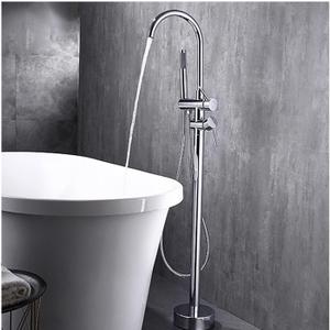 Brass Floor Standing Bathtub Faucet Mixer Taps Swivel Gooseneck Spout Double Handle Free Standing Tub Faucet with Handheld Sprayer,Chrome