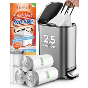 2.5 Gallon/10 Liter 100 Counts Strong Drawstring Trash Bags Garbage Bags by RayPard, Small Plastic Bags, Trash Can Liners for Home Office Kitchen Bathroom Bedroom, White Waste Basket Liners (White)
