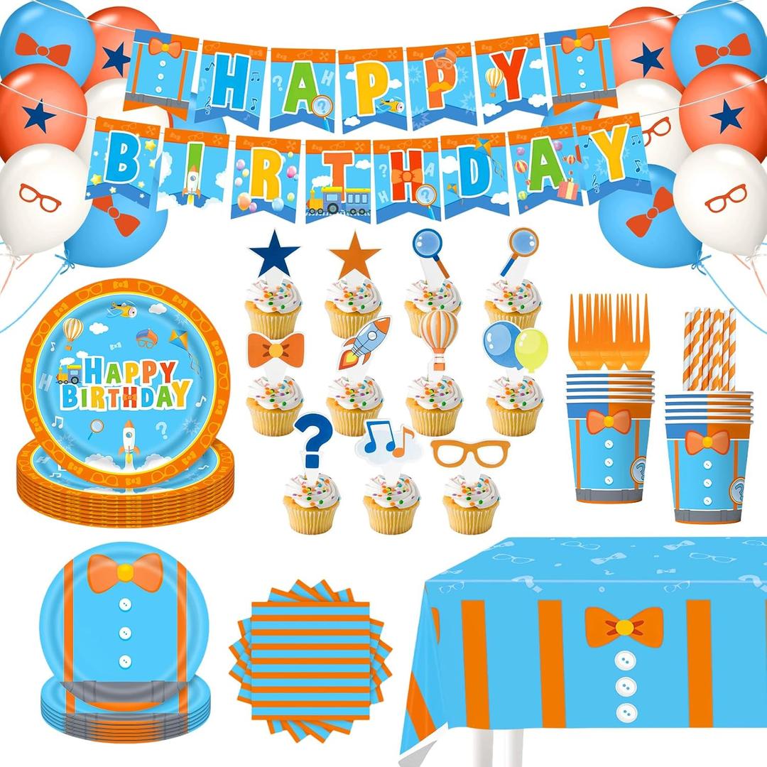 188 Pcs Birthday Party Decorations Set, Blue and Orange Theme with Banner, Balloons, Plates, Cups and Cupcake Toppers