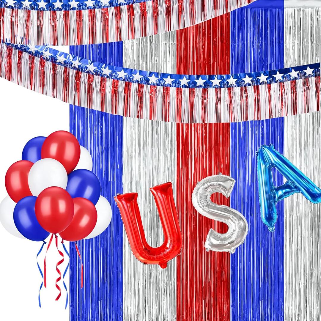 23 Pcs Patriotic Decorations 4th of July Decorations 6 Pack 6.56 x 3.28 ft Red White Blue Tinsel Foil Fringe Curtains with 2 Pack 9.84ft Foil Fringe Garland Tinsel Streamers and 15Pcs USA Ballons