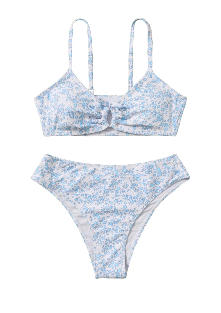 COZYEASE Girls' 2 Piece Ditsy Floral Print Knot Front Ruched Triangle Bikini Swimsuit 8Y