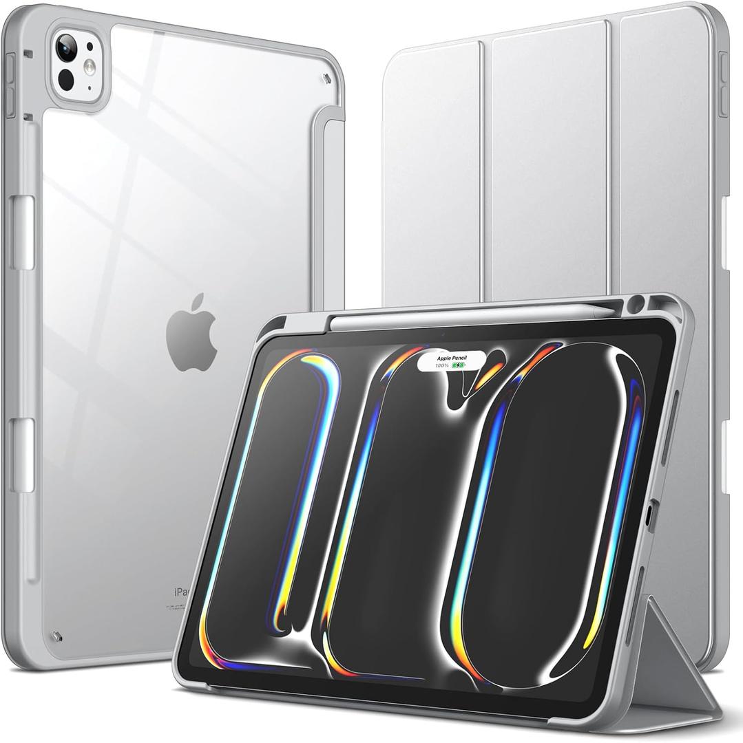 JETech Case for iPad Pro 11-Inch M5/M4 2025/2024 (6th/5th Generation) with Pencil Holder, Clear Transparent Back Shell Slim Stand Shockproof Tablet Cover, Auto Wake/Sleep (Silver)