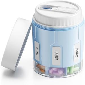 Daviky Pill Bottle Organizer, Supplement Organizer with 7 Large Compartments, Travel Pill Dispenser Round Pill Box with Two LidsBlue