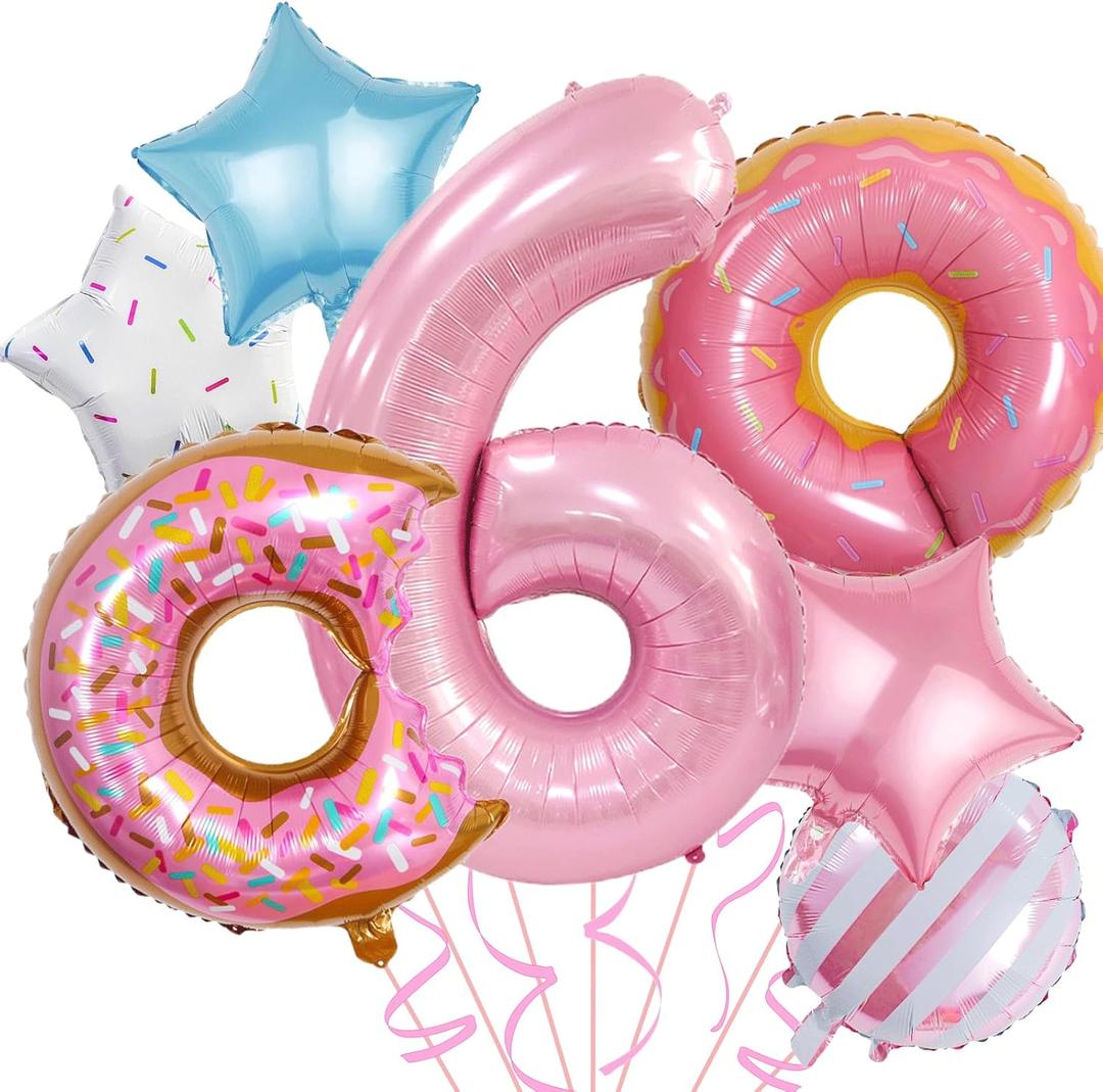 Pink Number Balloons for Sweet 6 Party Decorations, Sweet 6 Balloons Donut Candy Themed, Pink 6 Balloon Numbers for 6th Birthday Decorations for Girls