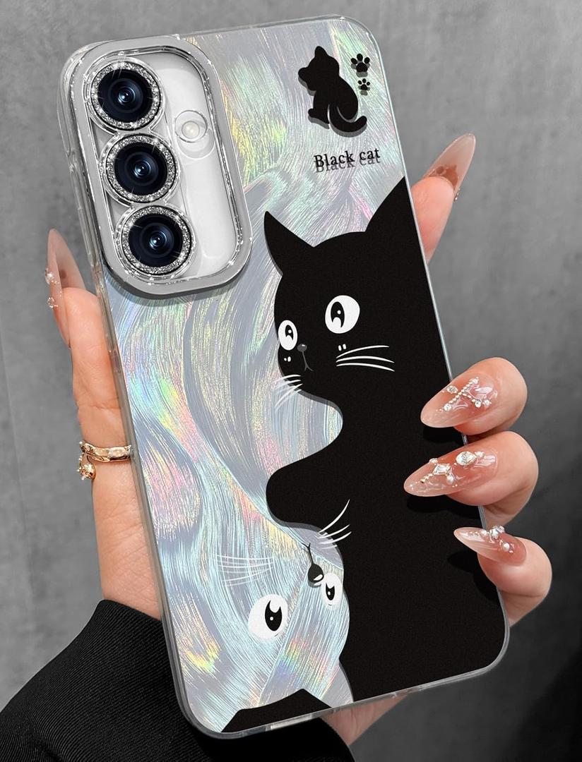 Toycamp Compatible with Samsung Galaxy A15 5G Case - Cute Glitter Black White Cat A15 5G Phone Case with Bling Camera Lens Protector Laser Holo Galaxy A15 5G Cover for Women Girly