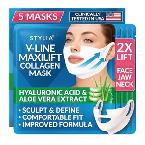 Stylia MaxiLift V-Line Lifting Collagen Face Mask - Double Chin Strap - Jawline Shaper - Neck Firming and Tightening Mask with Hyaluronic Acid & Aloe Vera - Chin Strap for Sleeping (5PC)