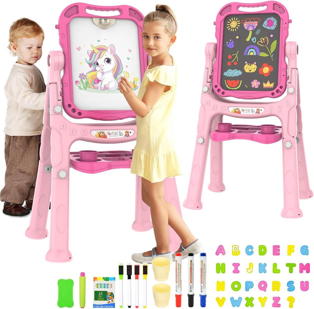 Easel for Kids, Adjustable Standing Rotatable Double Sided Art Easel for Toddlers with Painting Accessories, Birthday Christmas Gift for Little Boys and Girls (Rosy Pink)
