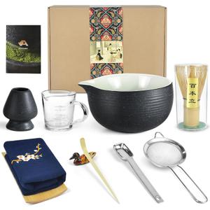 Artcome Bluestone Glaze Matcha Kit for Japanese Tea Ceremony, Bowl with Pouring Spout, Whisk, Tea Scoop, Matcha Powder Strainer, Matcha Tea Set For Making Usucha, Koicha and Matcha Latte (10 PCS)