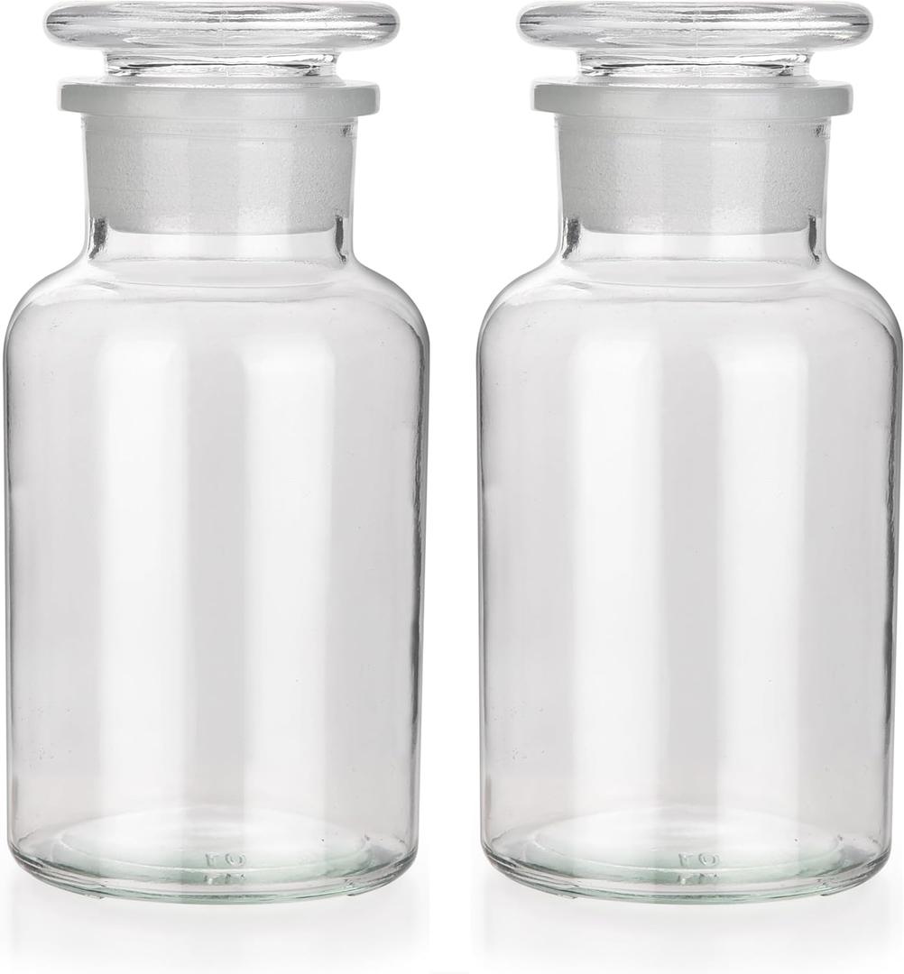 Lab Glass Reagent Bottle,Wide Mouth Glass Storage Bottle with Ground Stopper,Decorative Bottles/Vase (Clear, 2 * 250ML)