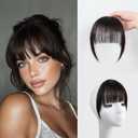 Clip in Bangs 100% Real Human Hair Extensions Invisible Fake Curtain Curved French Fringe Bang with Temples Faux Natural Clips on Hairpieces for Women Girls Party Daily Use Black Brown