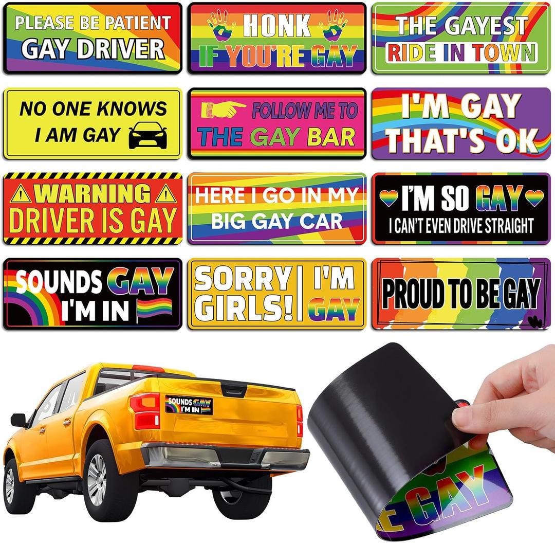 12 Pcs Gay Pride Funny Magnet Bumper Sticker LGBT Rainbow Pride Prank Magnetic Sign for Vehicle Truck Reusable Magnet Sticker for Fridge