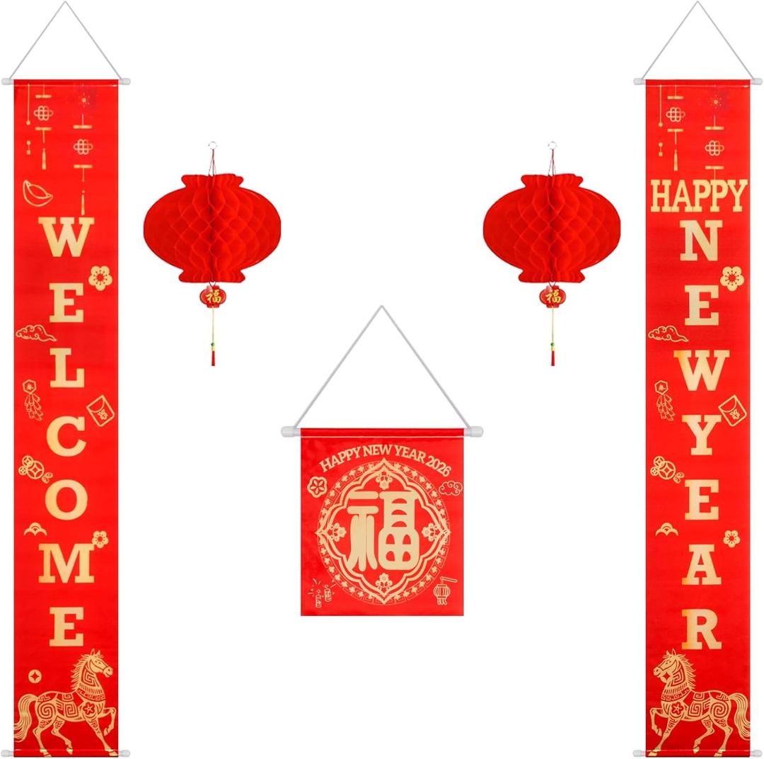 2026 Chinese New Year Decorations, 5 Pcs Chinese New Year Banner Set, Includes 2 Banners, Fu Character Ornament, 2 Red Paper Lanterns for Spring Festival Porch Sign, Indoor Outdoor Party Supplies