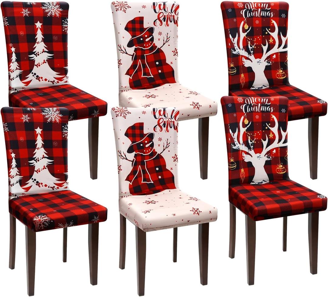 Preboun 6 Pcs Christmas Chair Covers Dining Protector Removable Washable Stretch Xmas Tree Snowman Elk Buffalo Plaid Slipcovers for Hotel Party Wedding Holiday Decor (LEN-Preboun-1259)