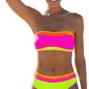 ZAFUL Women's High Cut Bandeau Bikini Set Strapless Solid Color 2 Pieces Bathing Suit Swimsuit (Large, 10-black Red)