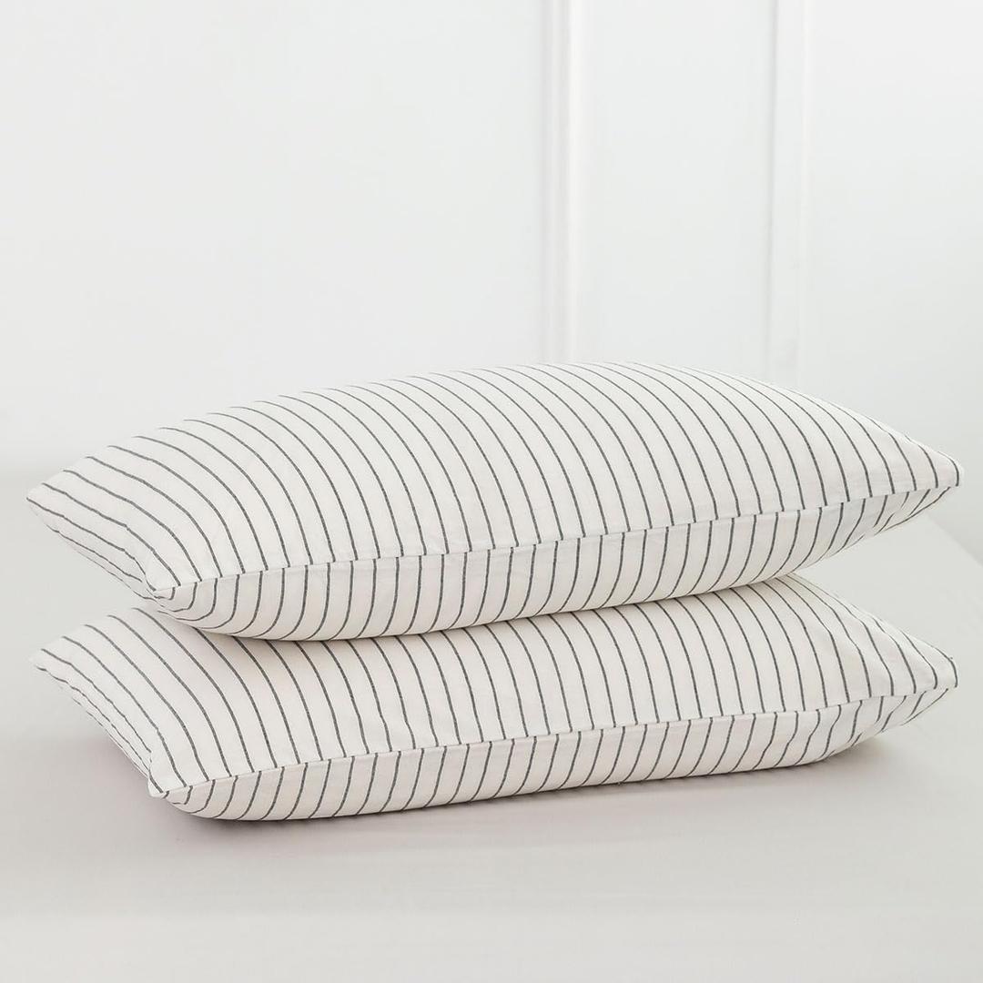 MooMee Bedding Pillowcases Striped Pack of 2 100% Washed Cotton Linen Like Textured Breathable Durable Soft Comfy (White Dark Grey Wide Stripes, Standard)