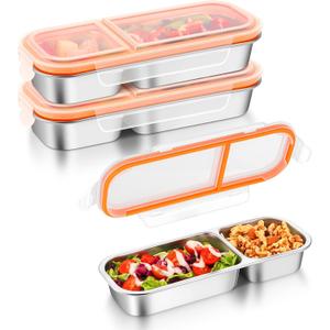 Stainless Steel Snack Containers, 3 Pack Reusable Stainless Steel Bento Lunch Box with 2 Compartment & Spork, Metal Lunch Container Food Storage Containers for Home Travel