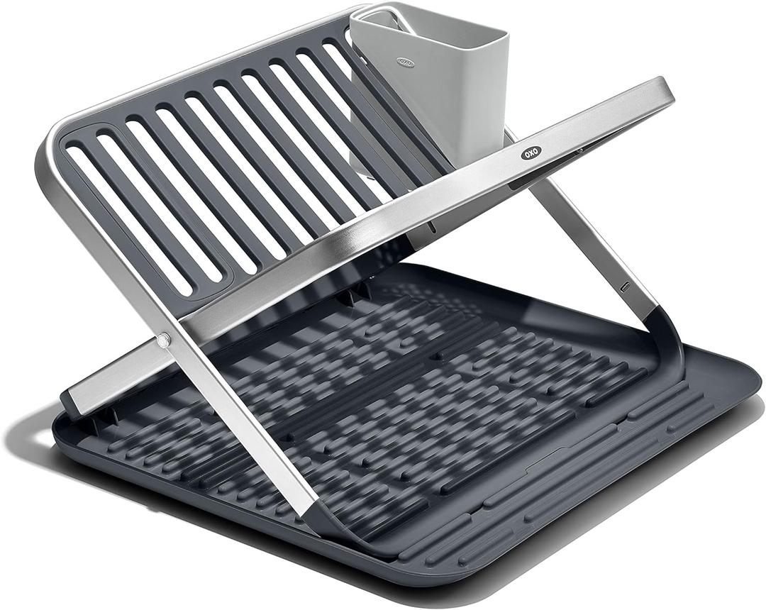 OXO Good Grips Aluminum Fold Flat Dish Drying Rack, 2-Tier, with Drainboard, for Kitchen Counter, Collapsible