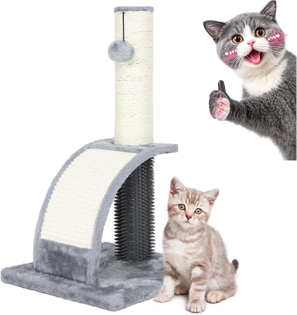 FluffyDream Cat Scratching Post with Cat Self Groomer,Cat Scratcher with Cat Brush,19 Inches Scratch Post with Dangling Ball,Indoor Cat Scratch Board for Cats at All Ages