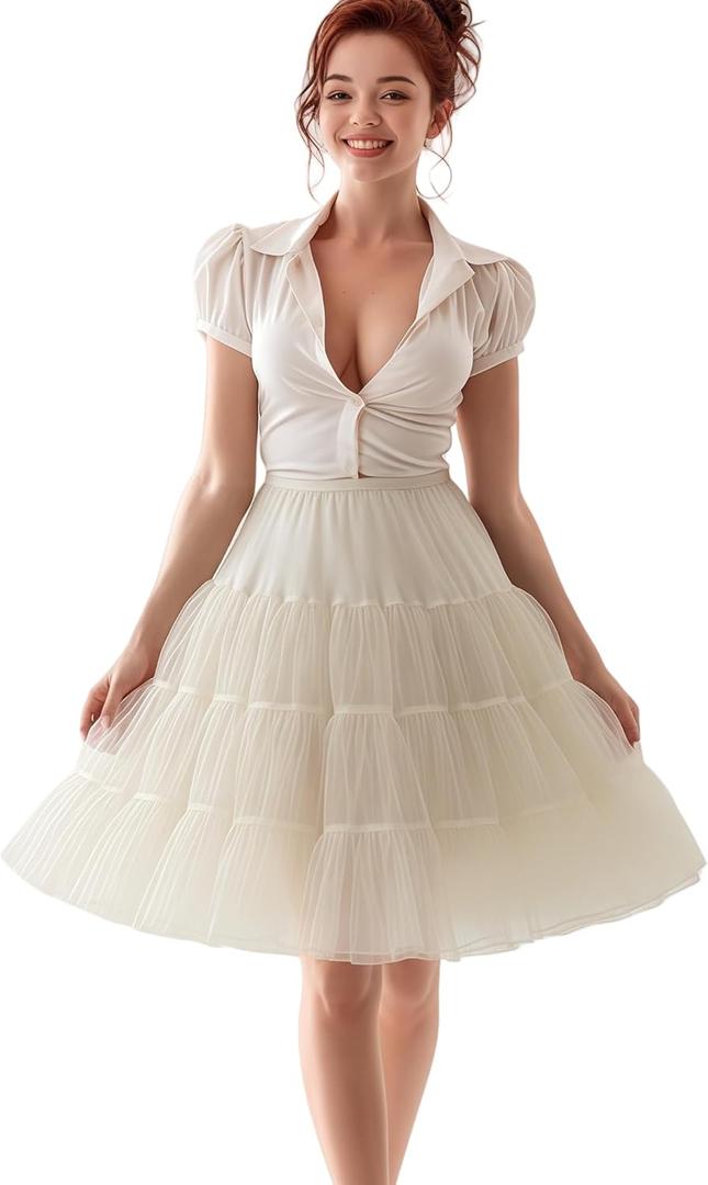 CHERRY LOVE Knee Length Petticoat 50S Vintage Underskirt 26inch Crinoline Petticoat Short Slips (Large-X-Large, Ivory)