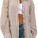 CHYRII Womens Striped Button Down Shirt Casual Long Sleeve Blouse Top (Medium, Tan)